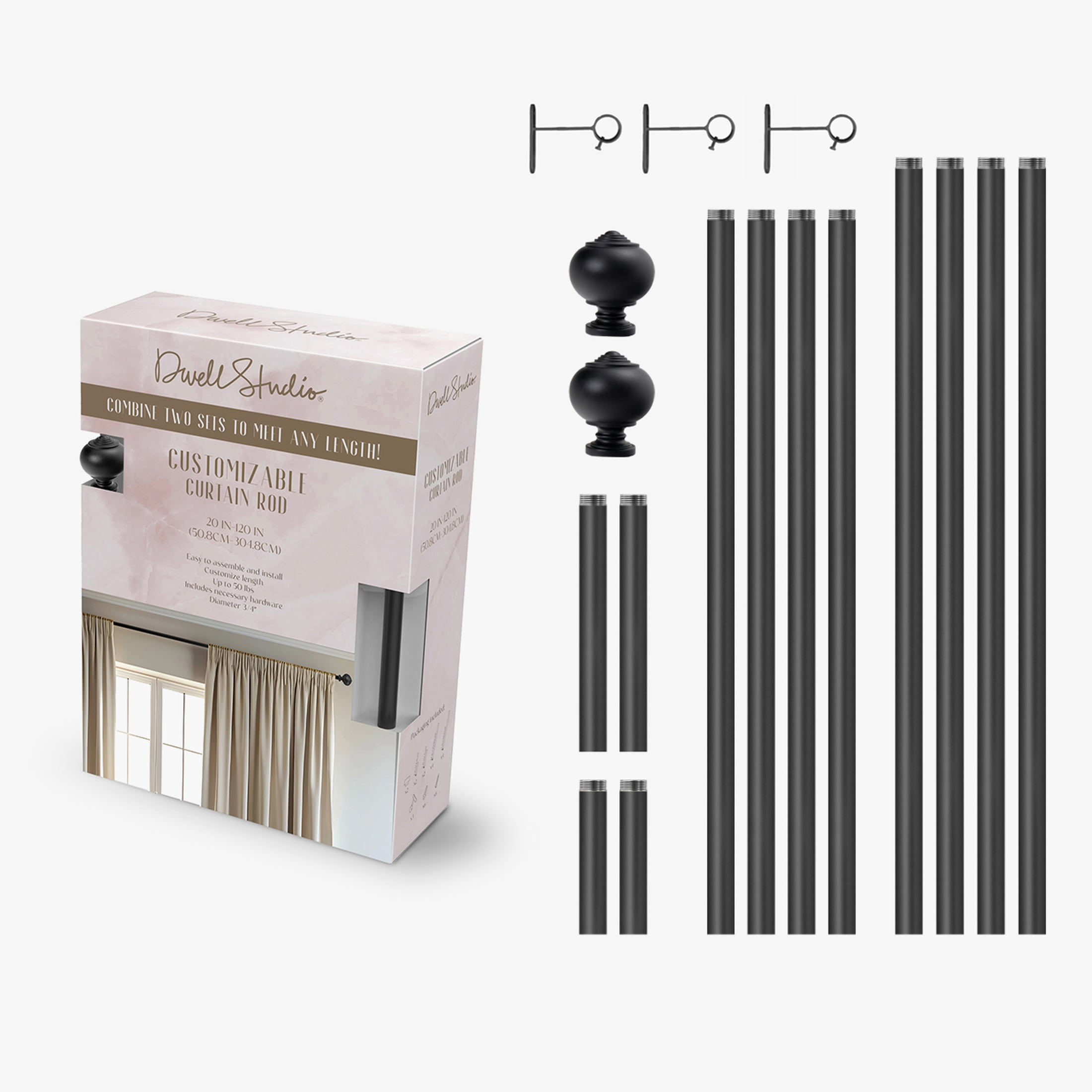Dwell Studio, Cutomizable Curtain Rods, 3/4" Iron Material, 20 inch-120 inch Kit, Matte Black