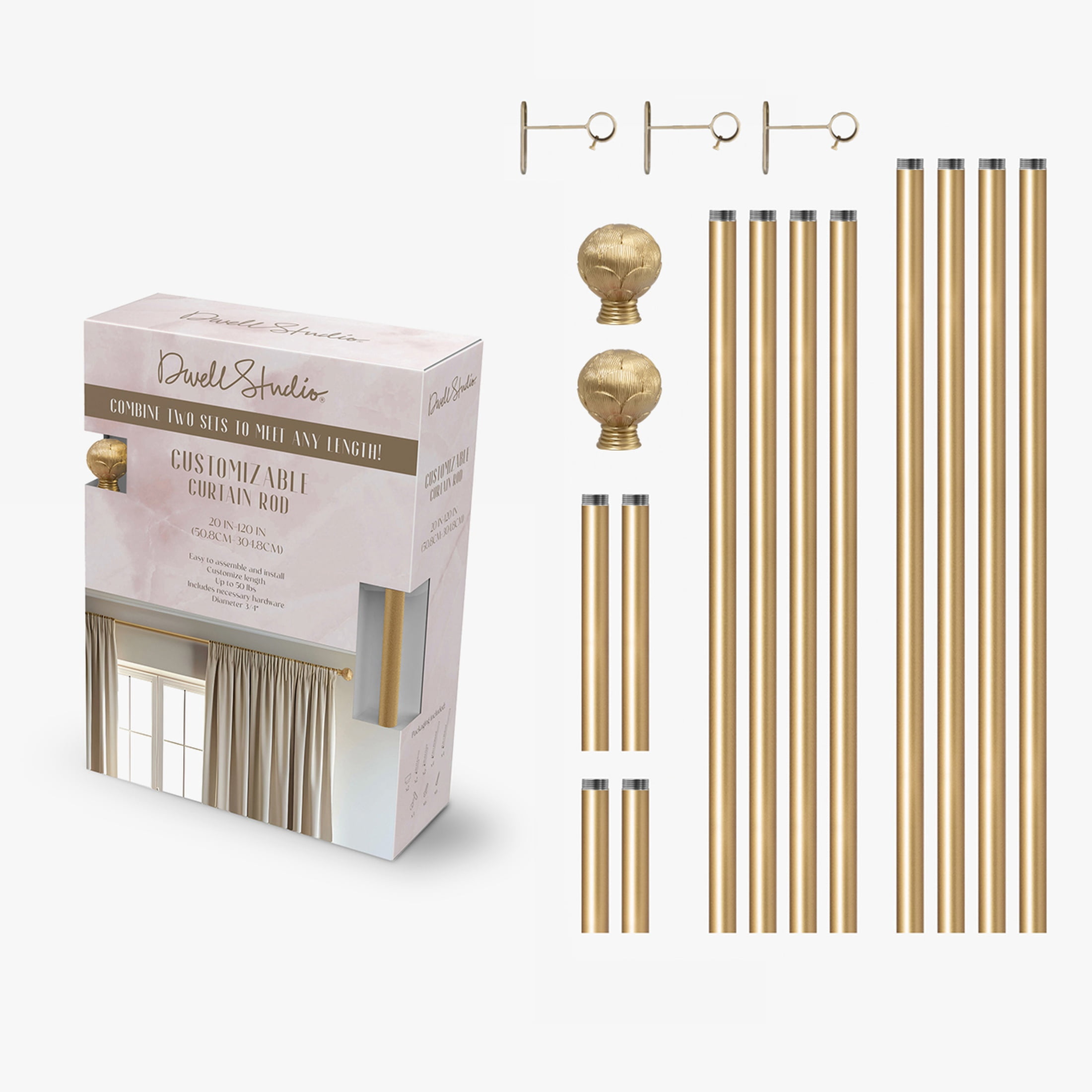 Dwell Studio, Cutomizable Curtain Rods, 3/4" Iron Material, 20 inch-120 inch Kit, Satin Brass