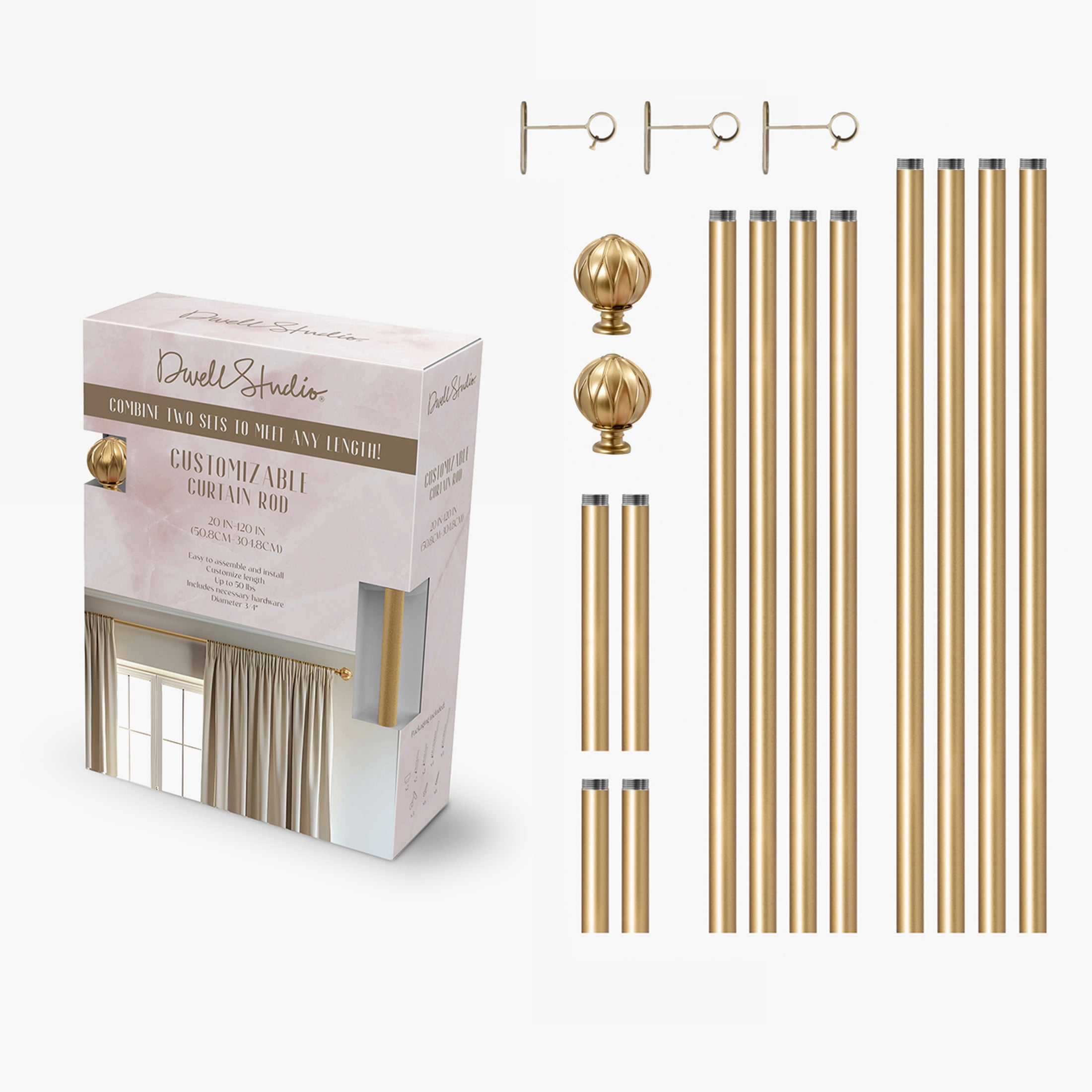 Dwell Studio, Cutomizable Curtain Rods, 3/4" Iron Material, 20 inch-120 inch Kit, Satin Brass