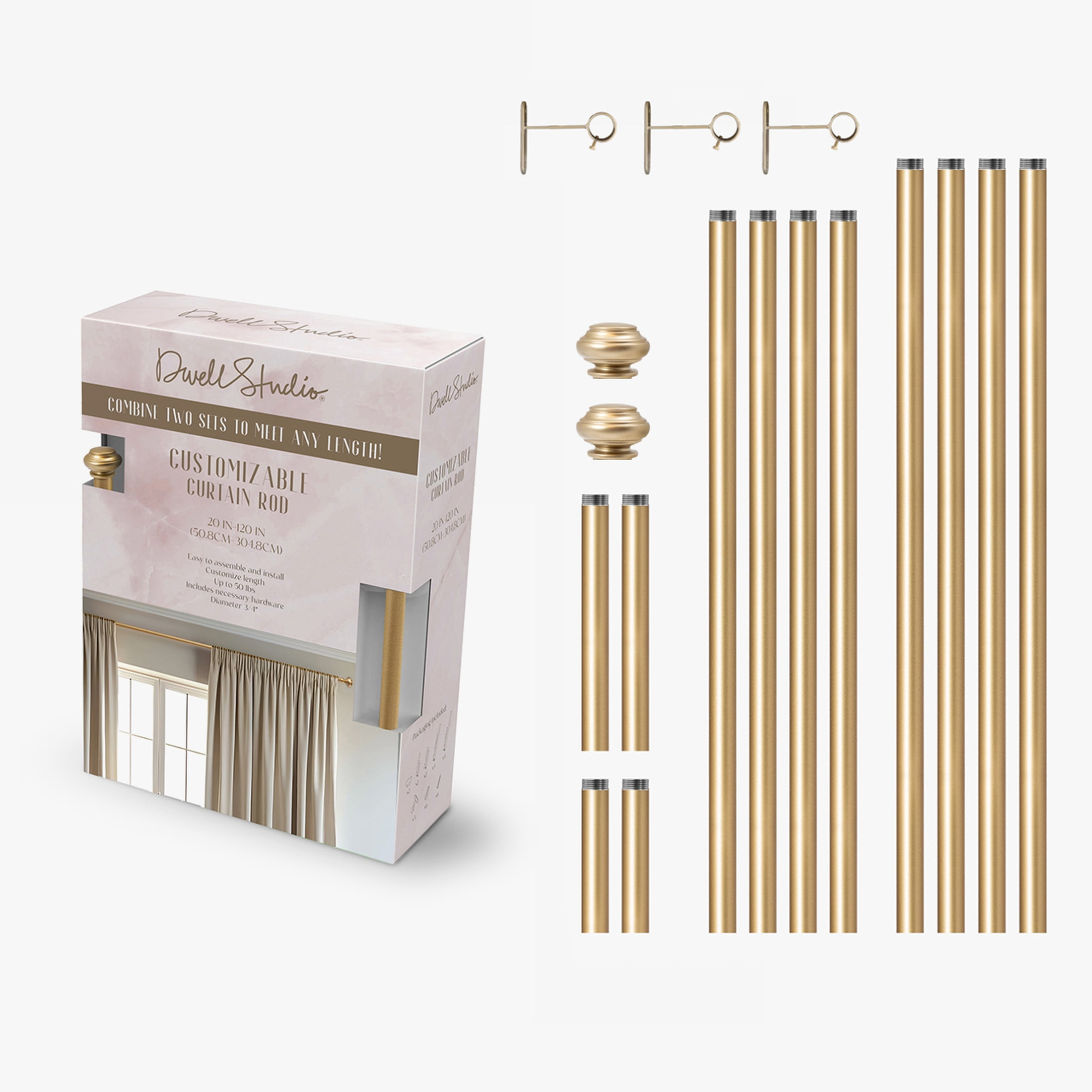 Dwell Studio, Cutomizable Curtain Rods, 3/4" Iron Material, 20 inch-120 inch Kit, Satin Brass