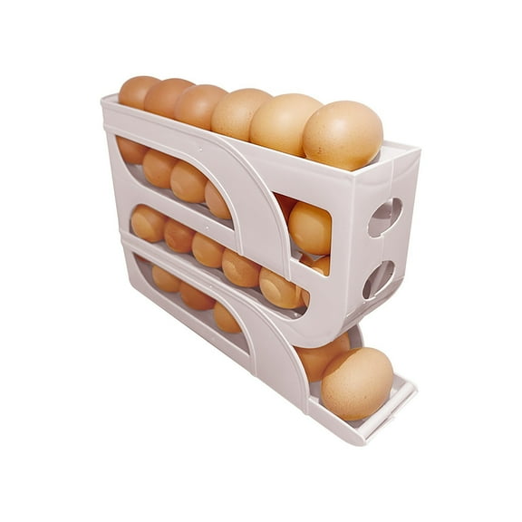 DwellJoy 4-Tier Sliding Egg Holder for Fridge Door & Counter, Auto-Rolling Egg Organizer with Clear Lid, Stackable Space-Saving Refrigerator Egg Storage Container