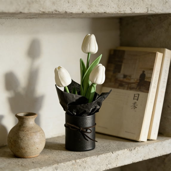 DwellJoy Artificial Tulips Potted Plants, Realistic PU Silk Flowers for Home Decor, Table Centerpiece for Living Room, Dining, Hotel, Office, No Maintenance Faux Floral Arrangement