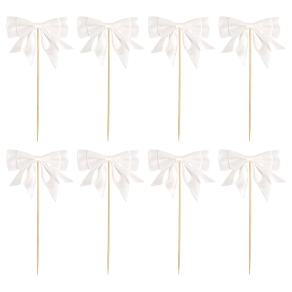 DwellJoy Bow Cupcake Toppers for Wedding, Bridal Shower, Engagement & Birthday Party Decorations - Polyester Satin Ribbon Bowknot Cake Picks