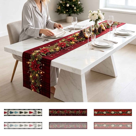 DwellJoy Christmas Table Runner, Holiday Table Linen, for Dining Table Console Buffet and Seasonal Centerpiece Styling, Long Narrow Profile and Festive Pattern and Finished Edges in Fabric