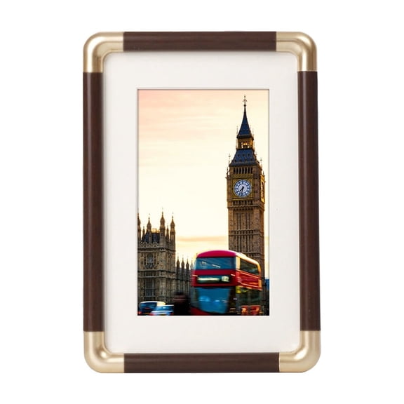 DwellJoy Plastic Photo Frame with Imitation Copper Corners & Solid Wood Texture, Tabletop or Wall Mount Picture Frame with HD Lens, Waterproof & Scratch Resistant for Home Decor