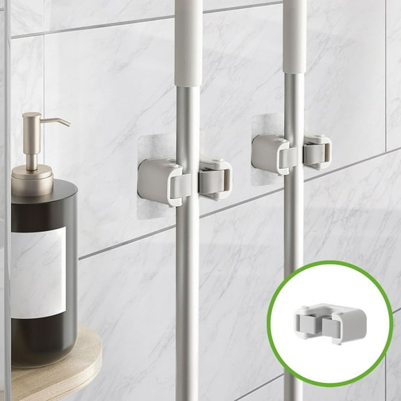 DwellJoy Strong Sticky Mop Holder for Wall - No Drill Broom Clamp Organizer, Heavy Duty Waterproof Mop Hanger with Super Adhesive Pad, Space Saving Bathroom Storage for Brooms, Mops & Cleaning Tools