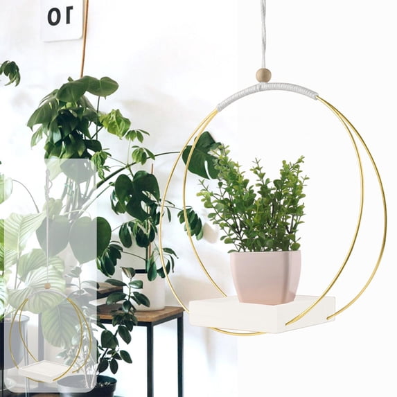 DwellJoy Wooden Hanging Planter Basket with Metal Frame & Rope, Modern Home Garden Decor for Indoor Plants, Window Display Holder, Wall Mounted Plant Pot Stand