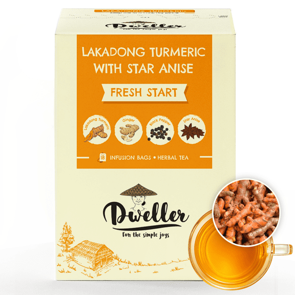 Dweller Lakadong Turmeric with Star Anise Herbal Tea, Caffeine-Free, No Added Flavoring, Hot or Iced Tea, Tea Bags, 18 Count