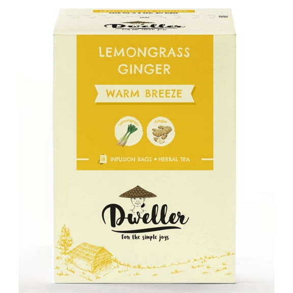Dweller Lemongrass Ginger Herbal Tea, Aromatic and Warm Caffeine-Free Blend, Two Real Ingredients, No Added Flavoring, Hot or Iced Tea, Tea Bags, 18 Count