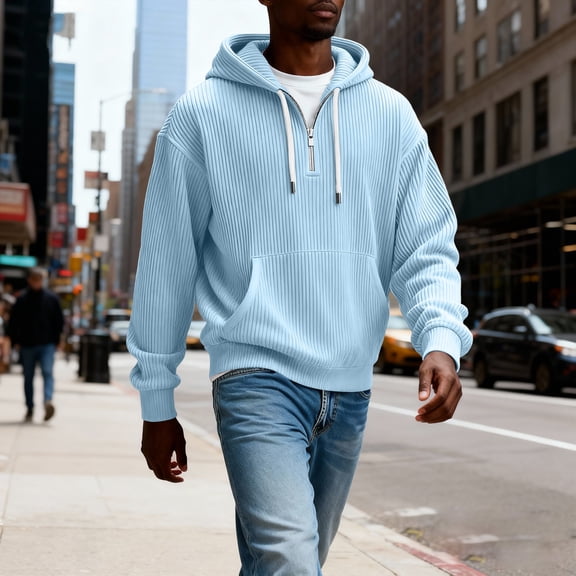 Dwelliawo 1/4 Zip Pullover Mens Long Sleeve Corduroy Drawstring Solid Color Hooded Sweatshirts Fashion Winter Fall Hoodies Pullover with Pockets Light Blue L