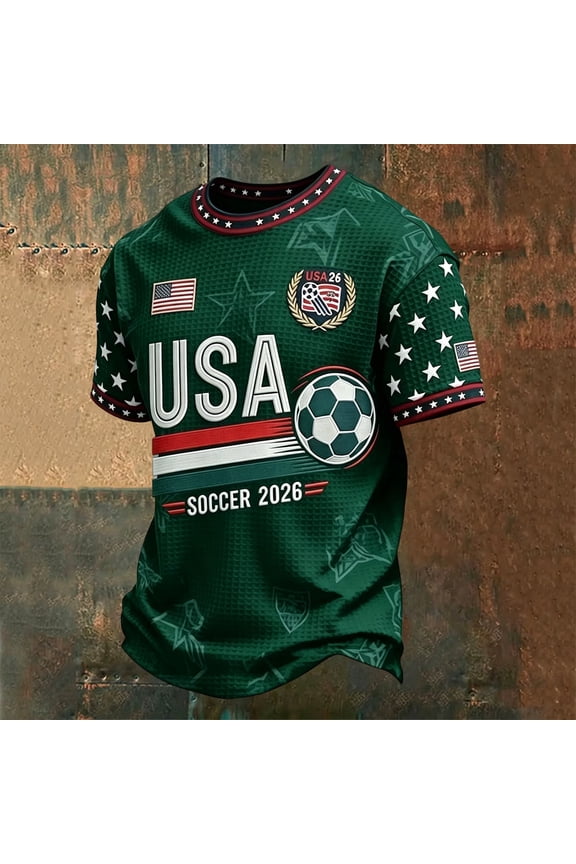 2026 USA Football Supporter T Shirt Stretch Quick Dry Mesh Crew Neck Jersey US Flag Star Pattern Athletic Tee For Sports Event Daily Wear Independence Day Costume Dark Green M