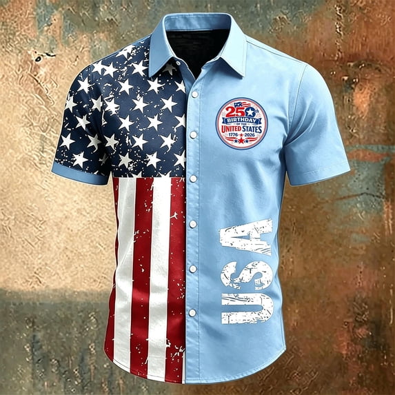 Dwelliawo 250 Anniversary USA Shirt for Men Patriotic Short Sleeve Button Up American Flag Independence Day Shirt Light Blue 4xL