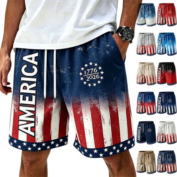Dwelliawo 250 Anniversary Usa Mens Shorts Patriotic 250 anniversary usa flag White Shorts Men Drawstring Loose Fit Lightweight Elastic Waist Mens Vacation Shorts With Pockets Sky Blue 4XL