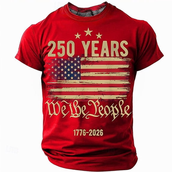Dwelliawo 250 Anniversary Usa Shirt Men Crewneck Short Sleeve Tops Usa American Flag Print Casual T Shirt Plus Size Fabric T-Shirt Red L