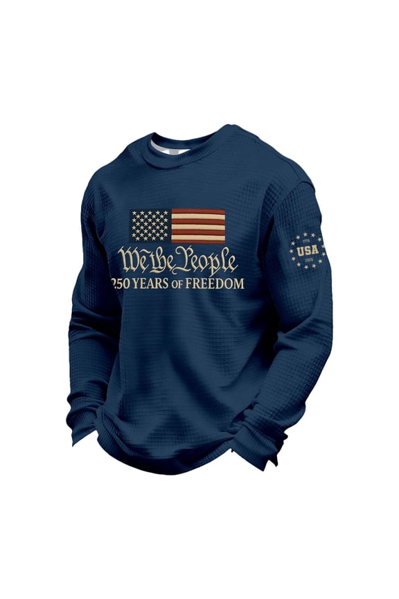 250 Anniversary Usa Shirt Men Long Sleeve Waffle Tops American Flag Print Patriotic Apparel Plus Size T Shirt Crewneck Casual Graphic Tee Navy M