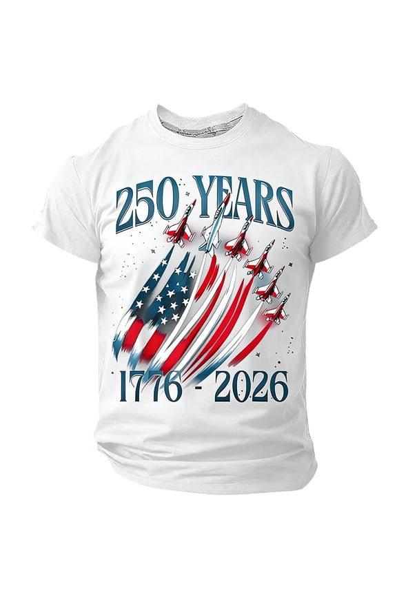 250 Years Of America T-Shirt, USA Flag Jet Fighter Patriotic Graphic Tee, 1776-2026 Independence Day Short Sleeve Shirt White XL