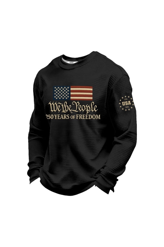 250th Anniversary Usa Shirt Men Long Sleeve Crewneck Tops 250 Years Of America 2026 American Flag Print Plus Size T Shirt Waffle Casual Graphic Tee Black 3XL