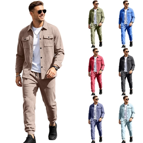 Dwelliawo Athleisure 2-Piece Suede Set,Mens 2 Pieces Loose Casual Suits Long Sleeve Button Down Shirt Jacket Jogging Pants Set Red 2xL