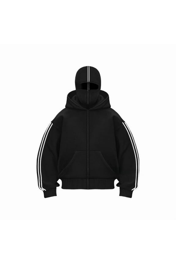 Balaclava Hoodie for Men Warm Face Hip Hop Double Layered Hoodie with Eye Mask Fashion Zip Up Y2k Jackets Black XL