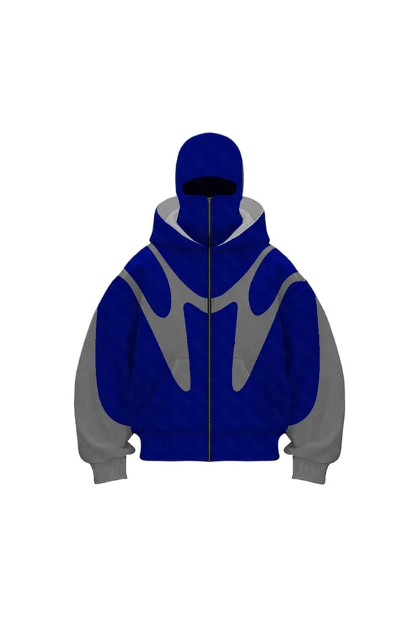 Balaclava Hoodie for Men Warm Face Y2k Double Layered Hoodies with Eye Mask Fashion Zip Up Hip Hop Jackets Royal Blue 2XL