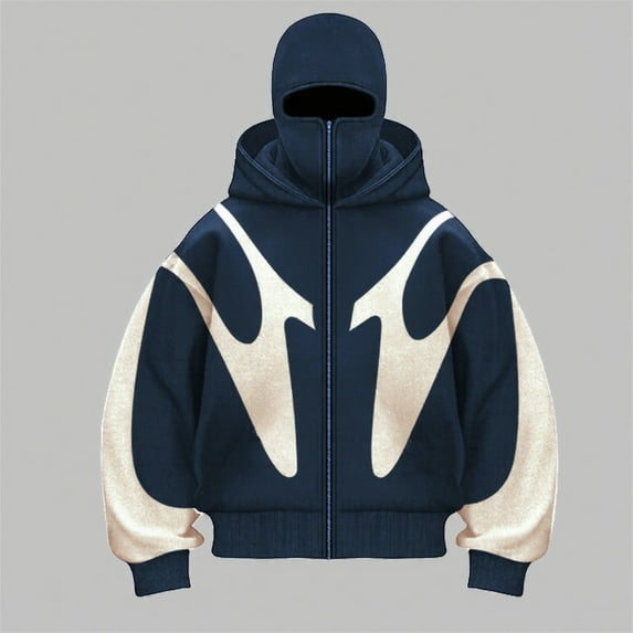 Dwelliawo Balaclava Jacket for Men Zip Up Fashion Double Layered Hoodie with Eye Mask Y2k Warm Face Hip Hop Jackets Royal Blue L