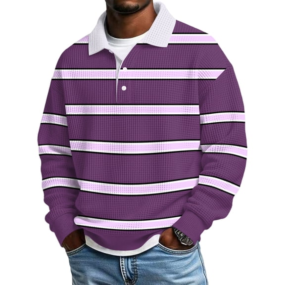 Dwelliawo Big and Tall Polo Shirts for Men Long Sleeve Golf Oversized Waffle Shirts Collared Big and Tall Comfort Tops Casual Button Up Henley Shirt Purple Pink M