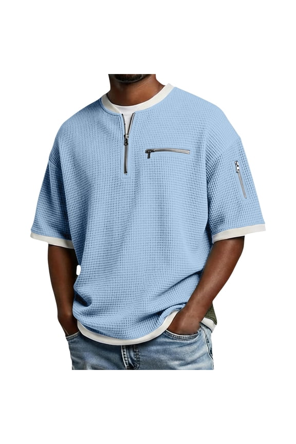 Big and Tall Polo Shirts for Men Short Sleeve Golf Solid Color Waffle Shirts with Collar Comfort Big and Tall Tshirts Casual Quarter Quarter Zip Henley Shirt Sky Blue 3XL