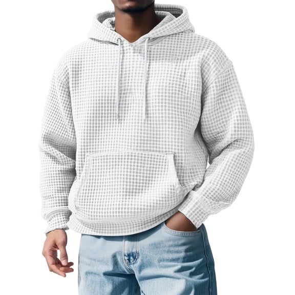 Dwelliawo Big and Tall Pullover Mens Drawstring Waffle Knit Solid Color Long Sleeve Hooded Sweatshirts Fashion Fall Hoodie Pullover with Pockets White 3XL