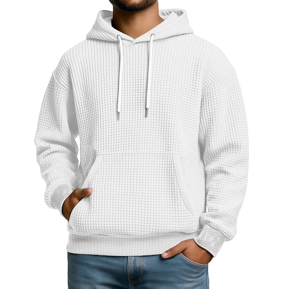 Dwelliawo Big and Tall Pullover Men Drawstring Waffle Solid Color Long Sleeve Fashion Sweatshirts Hooded Fall Hoodies Pullover with Hood White 3XL