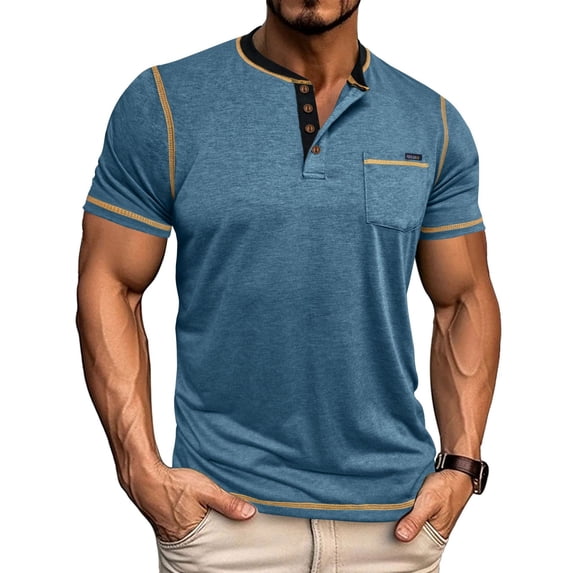 Dwelliawo Button Shirts for Men Short Sleeve Henley Shirts Big and Tall Loose Tee Shirts Summer Lightweight Tshirt Button Down Lapel Collar Shirt with Pocket Blue M
