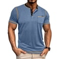 thumbnail image 1 of Dwelliawo Button Shirts for Men Short Sleeve Henley Shirts Lightweight Loose Clothing Summer Casual Tee Shirts Button Collared Shirt with Pocket Light Blue L, 1 of 7