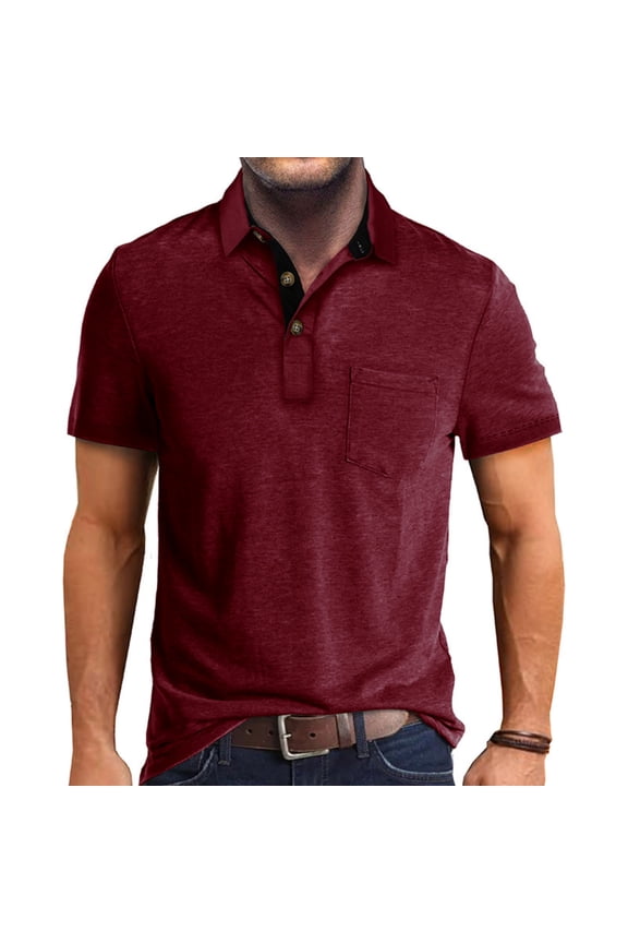 Button Shirts for Men Henley Short Sleeve Shirt Basic Loose Tees Athletic Classic Tshirt Button Down Lapel Collar Shirts with Pocket Wine L