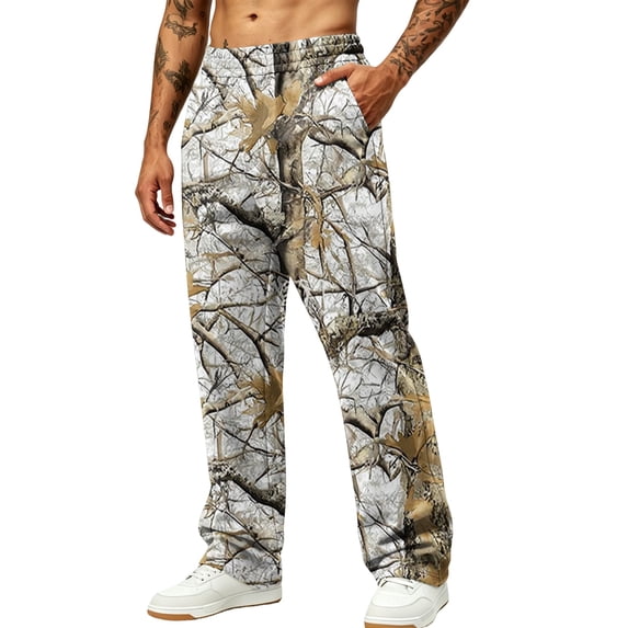 Dwelliawo Camo Sweatpants Men Plus Size Forest Branch Baggy Camouflage Bottoms for Men Causal Wide Leg Army Fatigue Trousers Streetwear Earthy Yellow 3xL