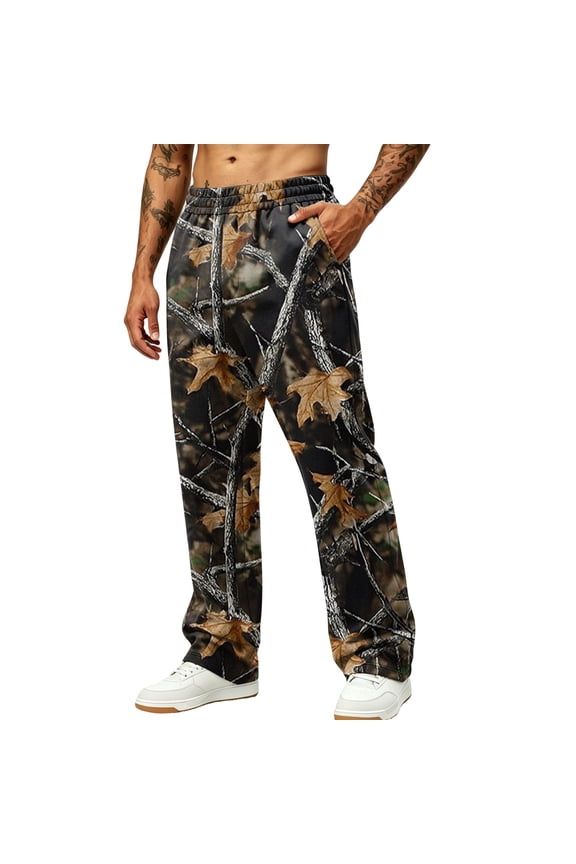 Camo Sweatpants Men Plus Size Forest Branch Baggy Camouflage Bottoms for Men Causal Wide Leg Army Fatigue Trousers Streetwear Coffee 3xL