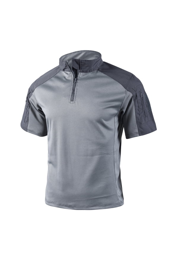 Camo T-Shirts for Men Quick Dry Camo Printed Shirts Combat Military 1/4 Zipper Tops Short Sleeve Tactical Outdoor Shirt Clothing Dark Gray 2XL