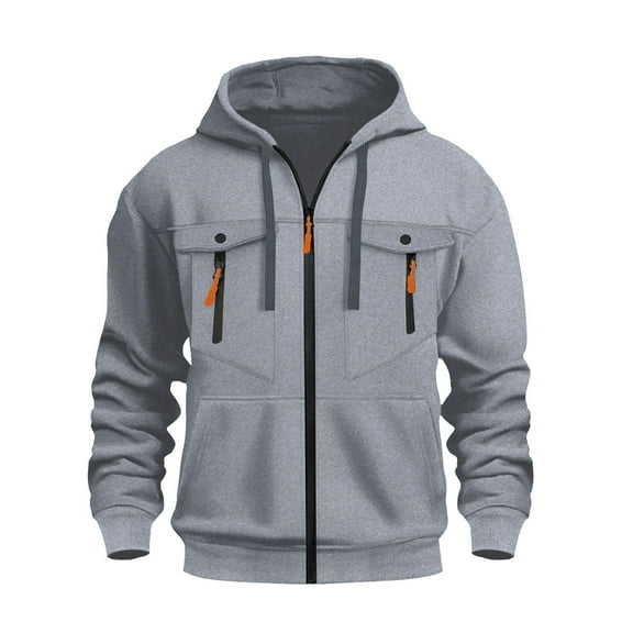 Dwelliawo Cargo Hoodies for Men Full Zip Cargo Pullover Hoodie Big and Tall Hooded Sweatshirts Autumn Tactical Sweatshirt with Pocket Light Gray M
