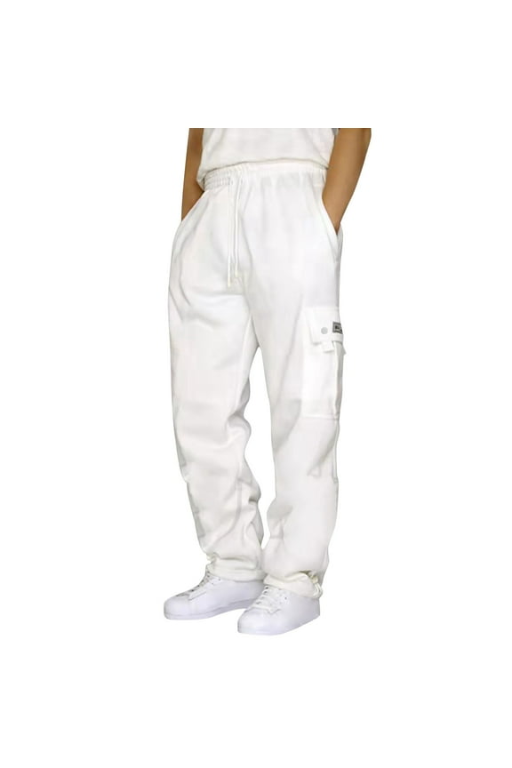 Cargo Pants for Men Baggy Fleece Hiking Straight Leg Pants Loose Fit Lightweight Cargo Pant Loose Fit Fitness Pants Joggers with Multi Pockets White 3XL