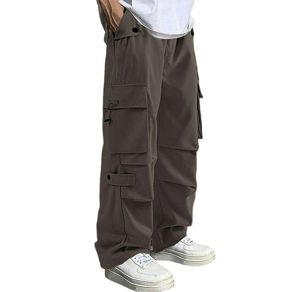 Dwelliawo Cargo Pants for Men Fitness Hiking Straight Leg Pant Drawstring Fashion Cargo Pant Lightweight Casual Pant Trousers with Pocket Brown XL
