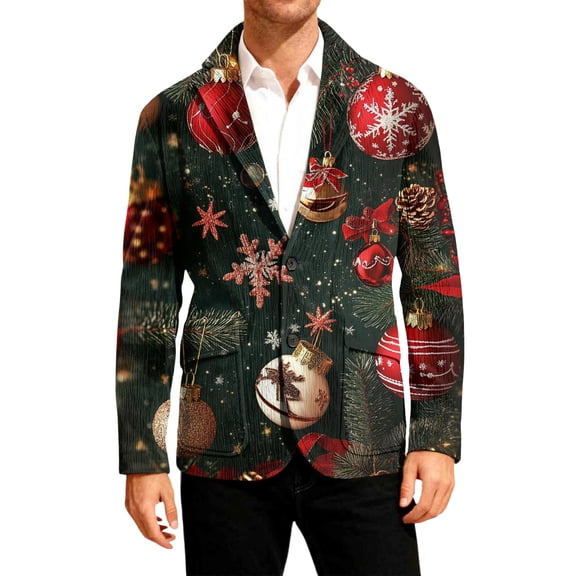 Dwelliawo Christmas Blazer Men Tree Print Xmas Print Suit Single Breasted One Button Corduroy Jacket Party Holiday Blazers Slim Fit Business Coats Army Green XL