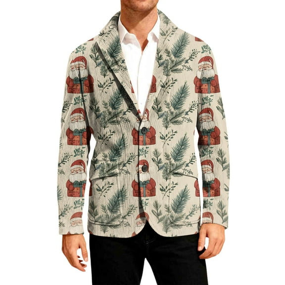 Dwelliawo Christmas Blazer Men Ugly Xmas Print Suit Notched Lapel Single Breasted Corduroy Jackets Holiday Party Blazers Classic Business Coat Beige XL