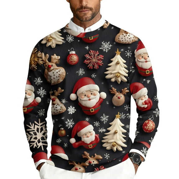 Dwelliawo Christmas Sweatshirt Men Ribbed Santa Claus Xmas Knitted Sweatshirt Funny Loose Fit Crew Neck Fleece Top Funny Ugly Holiday Sweaters Yellow 4XL