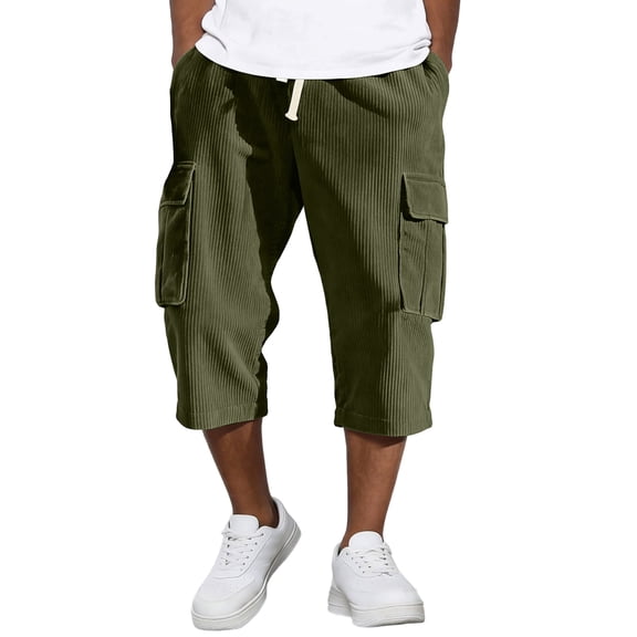 Dwelliawo Corduroy Men's Capri Pants Cargo Long Shorts Summer Elastic Waist 3/4 Pants Multi-Pockets Below Knee Shorts Lightweight Travel Capri Long Pants Army Green 2XL