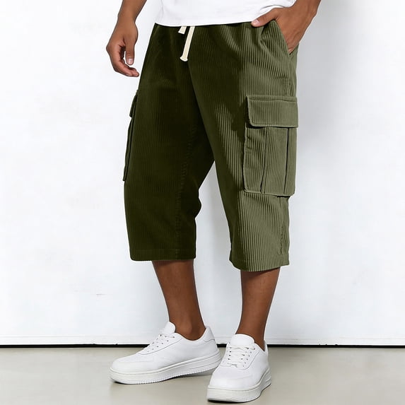 Dwelliawo Corduroy Men's Cargo Shorts Casual Capri Shorts Long Multi-Pockets 3/4 Pants Cargo Outdoor Elastic Waist Below Knee Pants Army Green 3XL