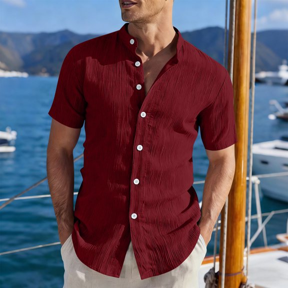 Dwelliawo Corduroy Men's Casual Short Sleeve Shirt with Texture Button-Down for Summer Home and Travel Wine L