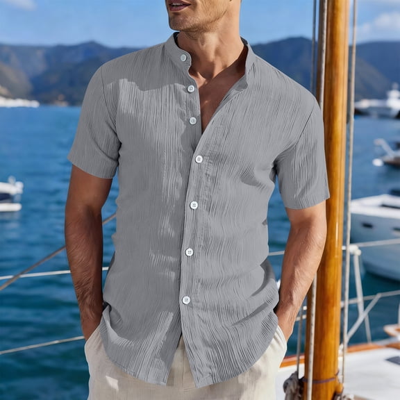 Dwelliawo Corduroy Men's Linen Short Sleeve Shirts Cotton Casual Lightweight Button Down Shirt Beach Vacation Summer Tops with Pocket Gray L