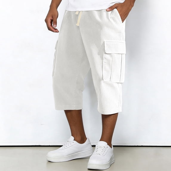 Dwelliawo Corduroy Mens Cargo Shorts Summer Elastic Waist 3/4 Pants Long Below Knee Shorts Casual Outdoor Capri Multi-Pockets Pants White 2XL