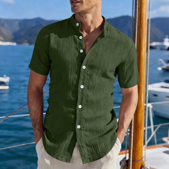 Dwelliawo Corduroy Mens Summer Textured Shirts Short Sleeve Casual Button Down Shirt Beach Vacation Tops Army Green L
