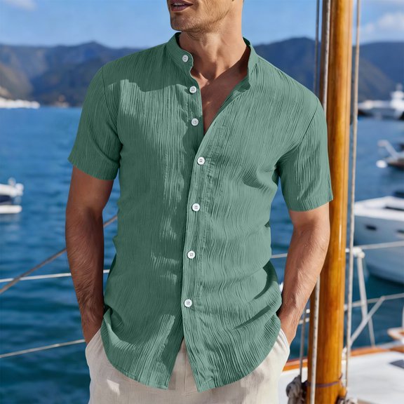 Dwelliawo Corduroy Mens Summer Textured Shirts Short Sleeve Casual Button Down Shirt Beach Vacation Tops Mint Green L