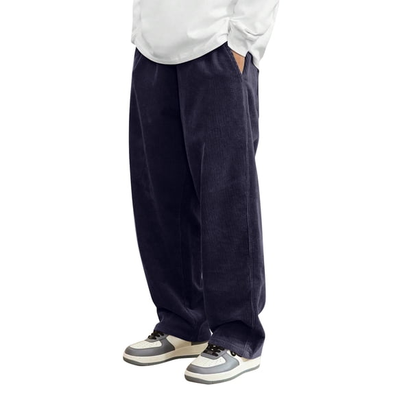 Dwelliawo Corduroy Pants Men Drawstring Elastic Waist Pant Wide Leg Straight Casual Pants Baggy Loose Fit Pantalones Autumn Trousers with Pockets Navy 2XL