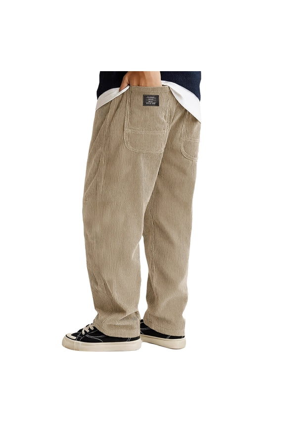 Corduroy Pants Men Elastic Waist Drawstring Pants Straight Leg Baggy Pant Casual Loose Trousers Fall Pantalones with Pockets Khaki XL